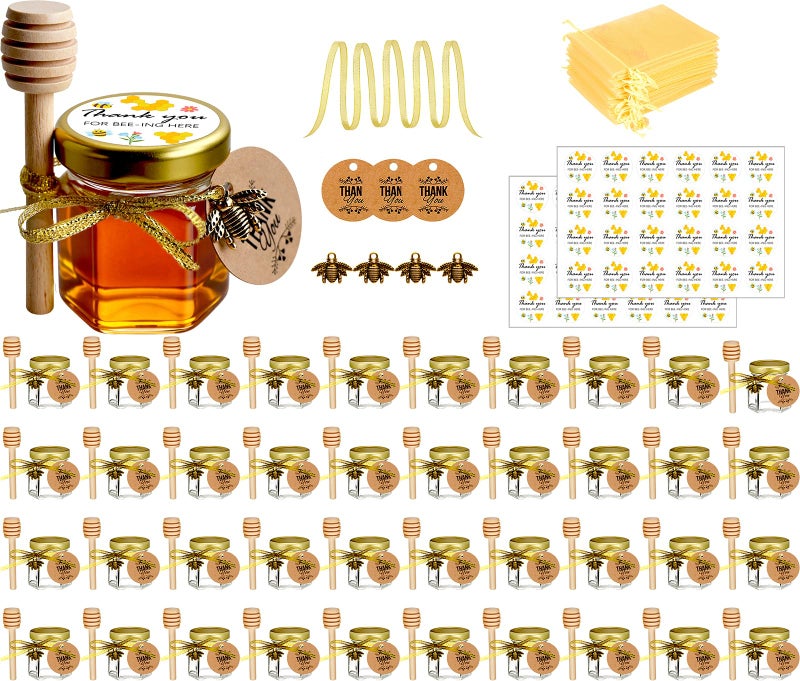 Ahhute Honey Pot Mini Honey Jars with Dipper Glass Honey Jars Baby Shower Favors Party Favors  Wedding Favors Lid Bee Pendants Gold Fabric Ribbons and Gold Organza Bags 40 Pack 15oz