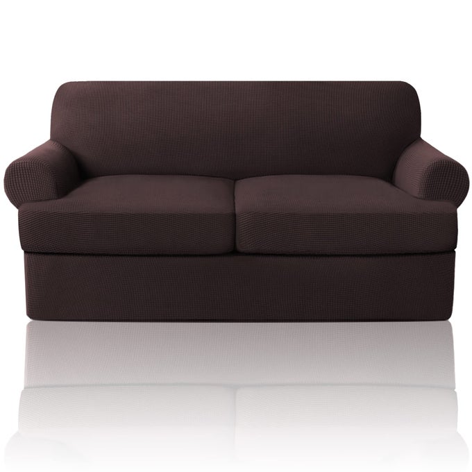 T CUSHION LOVESEAT SLIPCOVER 3 PIECES SOFA COVERS FOR T CUSHION SOFA STRETCH SLIP COVERS FOR 2 CUSHION COUCH WITH 2 INDIVIDUAL T SHAPE SEAT COVERS WIDTH UP TO 76 WASHABLE BROWN