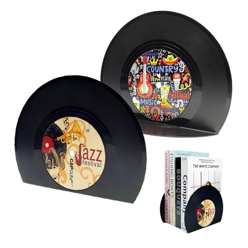 Chooseyo Modern Bookends for ShelvesRetro Vinyl Record Bookends Vintage Music Decor Bookend Set Unique Decorative Book Stopper for Home Office Gifts for Music LoversJazz - Image 1