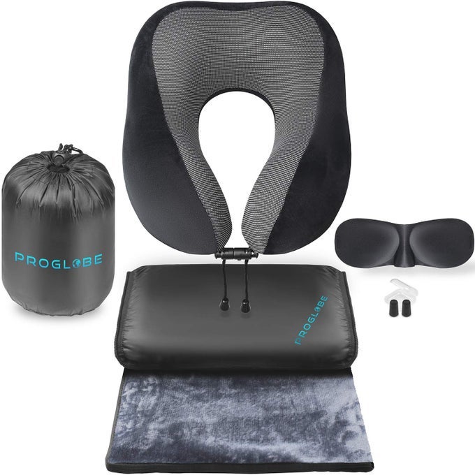 TRAVEL BLANKET LUXURY TRAVEL SET ERGONOMIC AIRPLANE NECK PILLOW 100 PURE MEMORY FOAM AND SUPER SOFT FLEECE BLANKET PREMIUM 3D SLEEP MASK EARPLUGS ULTIMATE 4IN1 TRAVELING KIT BLACK