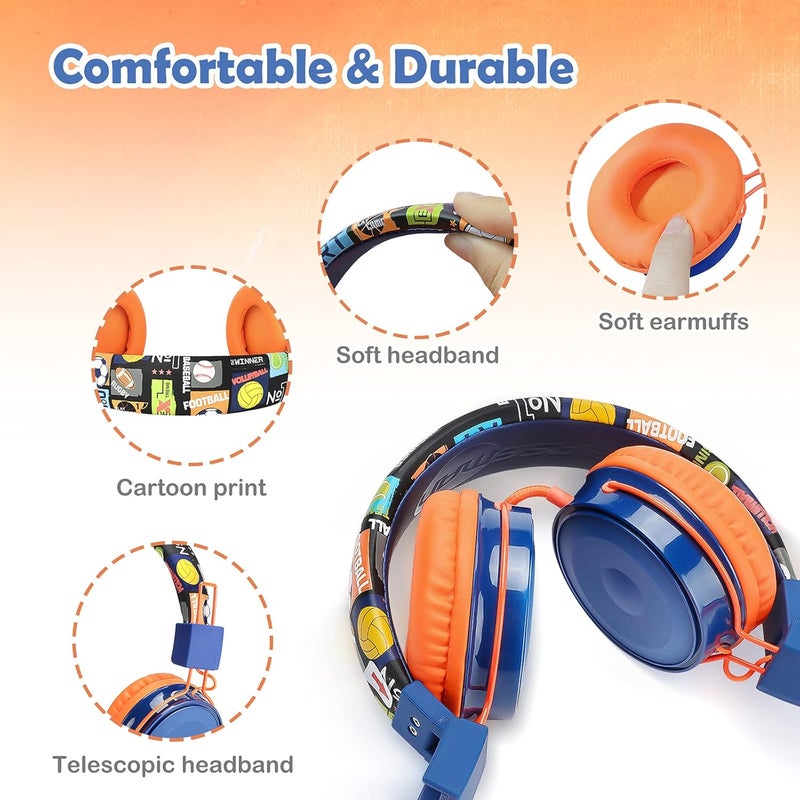 OKCSC B2 Kids Cartoon Headphones with Mic, 85dB Safe Volume Limited On-Ear Headset for Kids Girls Boys, Foldable Adjustable 3.5mm Jack Stereo Wired Headset for Cellphones/Tablet/School/Travel Orange - Image 2