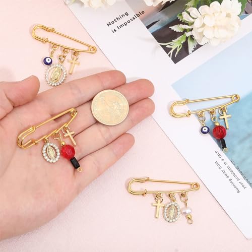 CHGCRAFT 4Pcs Evil Eye Safety Pin Gold Plated Brooch Pin with Cross Pendant Evil Eye Brooch for Backpack Clothing Badges - Image 3