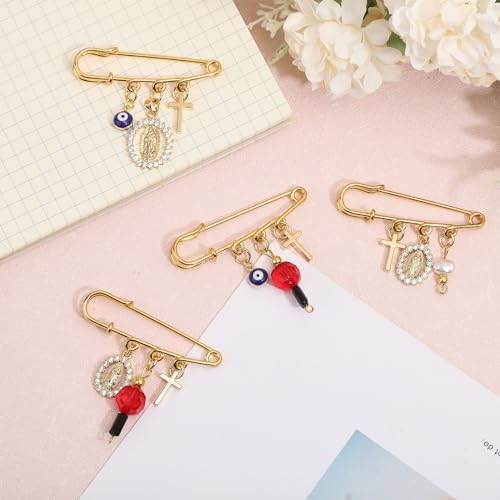 CHGCRAFT 4Pcs Evil Eye Safety Pin Gold Plated Brooch Pin with Cross Pendant Evil Eye Brooch for Backpack Clothing Badges - Image 4