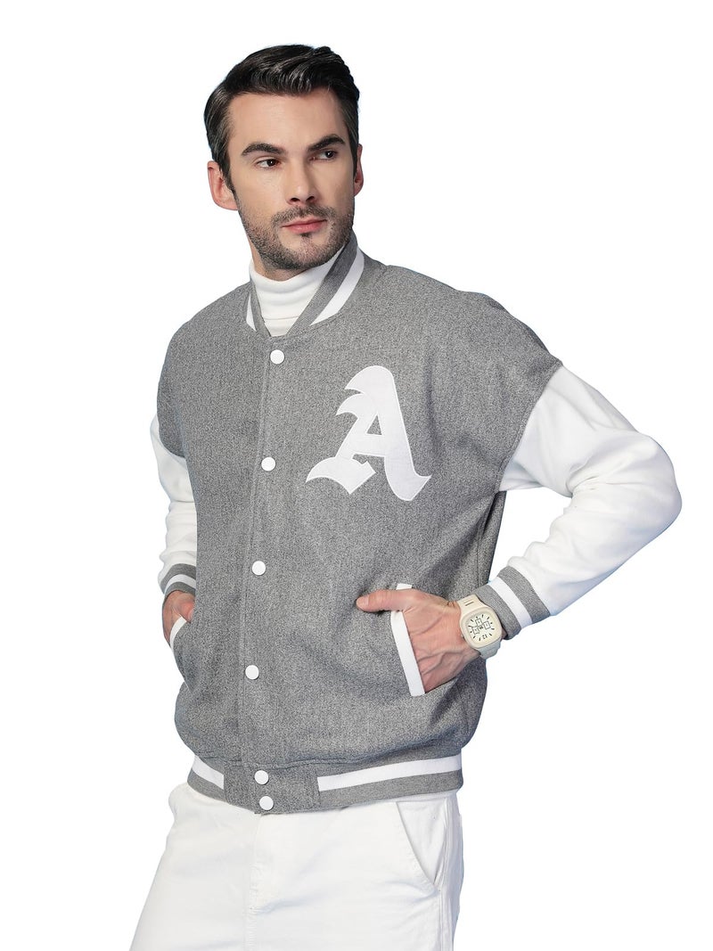 CHKOKKO Men Oversized Varsity Stylish Letterman Long Sleeves Winter Jacket SlateGreyWhite L - Image 1