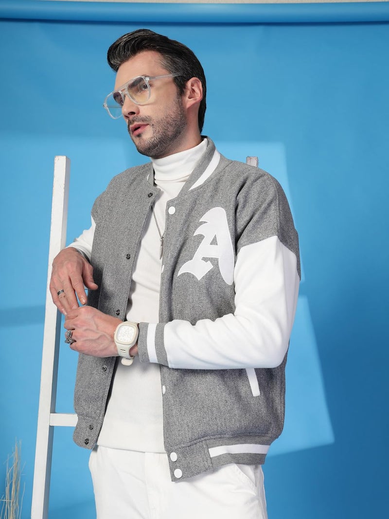 CHKOKKO Men Oversized Varsity Stylish Letterman Long Sleeves Winter Jacket SlateGreyWhite L - Image 5
