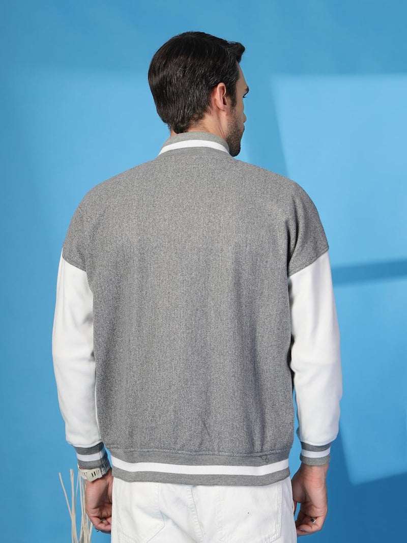 CHKOKKO Men Oversized Varsity Stylish Letterman Long Sleeves Winter Jacket SlateGreyWhite L - Image 3