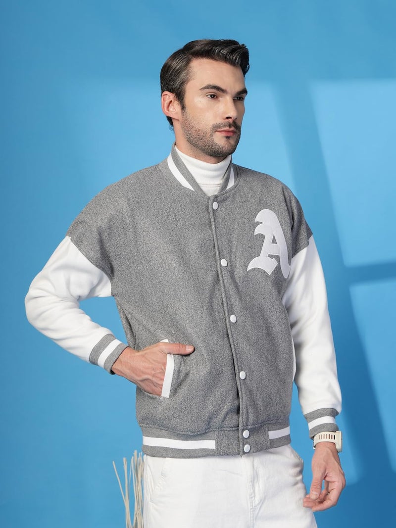 CHKOKKO Men Oversized Varsity Stylish Letterman Long Sleeves Winter Jacket SlateGreyWhite L - Image 4