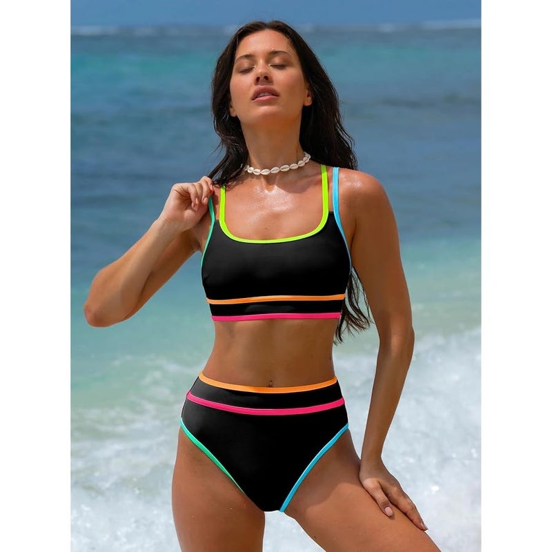 popvil Women's High Waisted Bikini Sets Neon Two Piece 2026 Swimsuit Sporty Adjustable Straps Bathing Suit - Image 3
