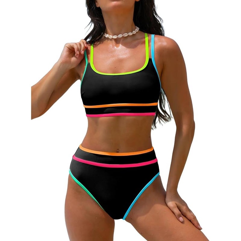 popvil Women's High Waisted Bikini Sets Neon Two Piece 2026 Swimsuit Sporty Adjustable Straps Bathing Suit - Image 1
