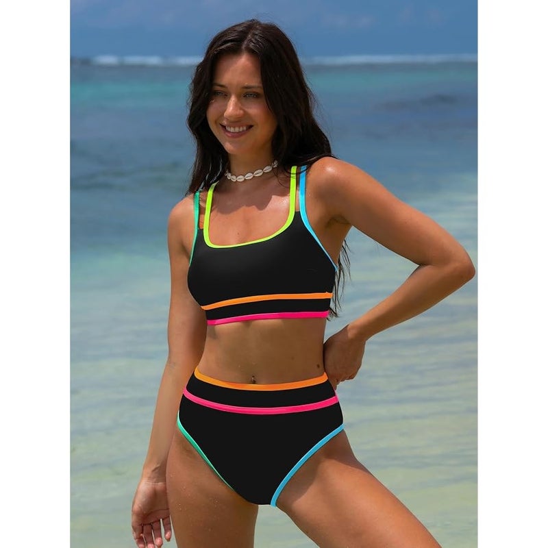 popvil Women's High Waisted Bikini Sets Neon Two Piece 2026 Swimsuit Sporty Adjustable Straps Bathing Suit - Image 5