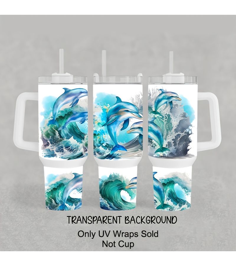 مجموعة ورق نقل Sea Dolphin UV DTF لأكواب الزجاج سعة 40 أونصة، وأكواب الشاي، والزجاجات، للأعمال اليدوية - Image 1