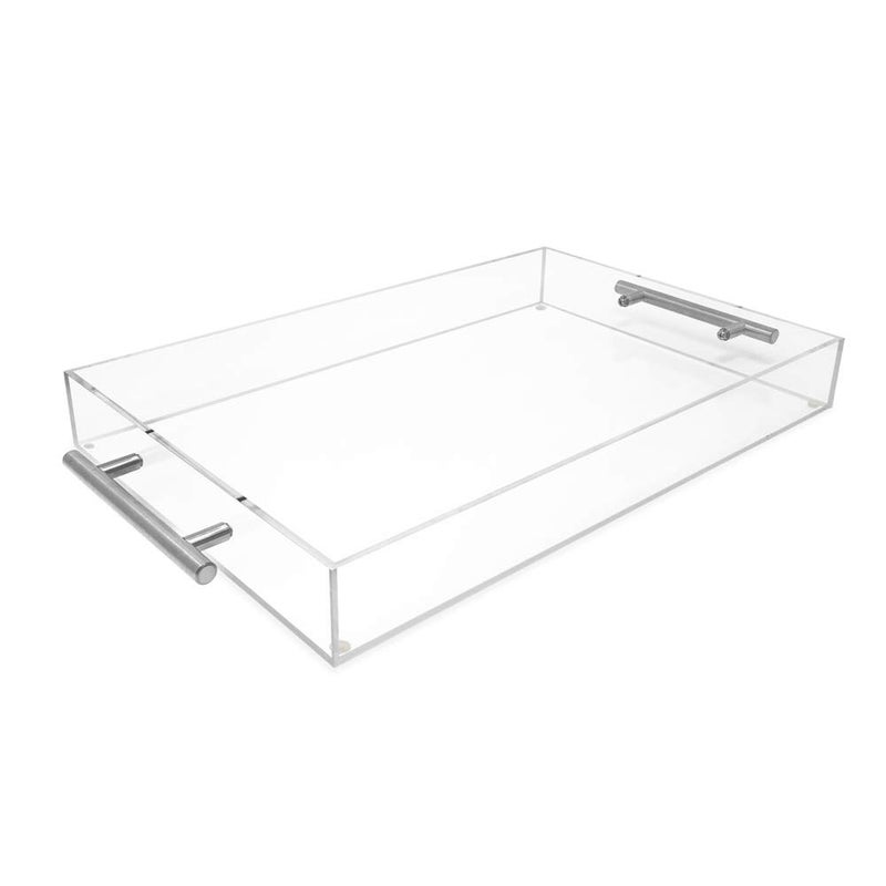 Isaac Jacobs Clear Acrylic Serving Tray 11x17 with Silver Metal Handles SpillProof Stackable Organizer Food  Drinks Server IndoorsOutdoors Lucite Storage 11x17 Clear with Silver Handle