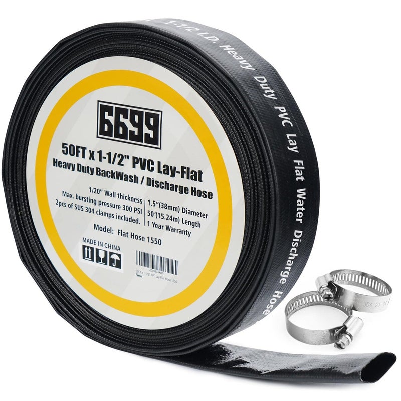 6699 Discharge Hose 1-1/2-Inch by 50-foot Sump Pump Hose with 2pcs SUS 304 Clamps Pool Backwash Hose for Draining/Removing Water Lay Flat Hose 1550 - Image 1