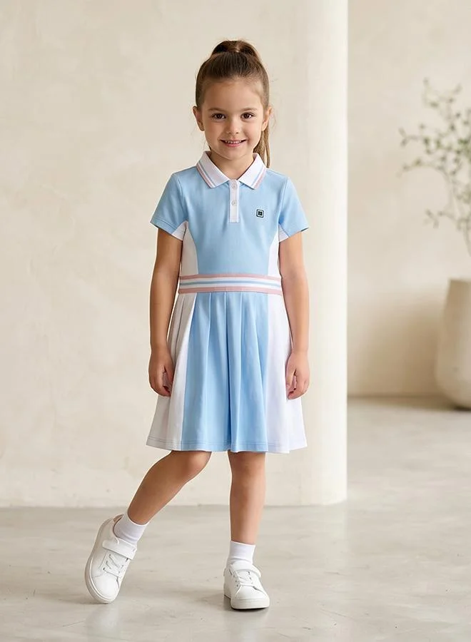 أطفال وأكثر Babies & More Toddler Girls Blue Short Sleeve Collar Dress
