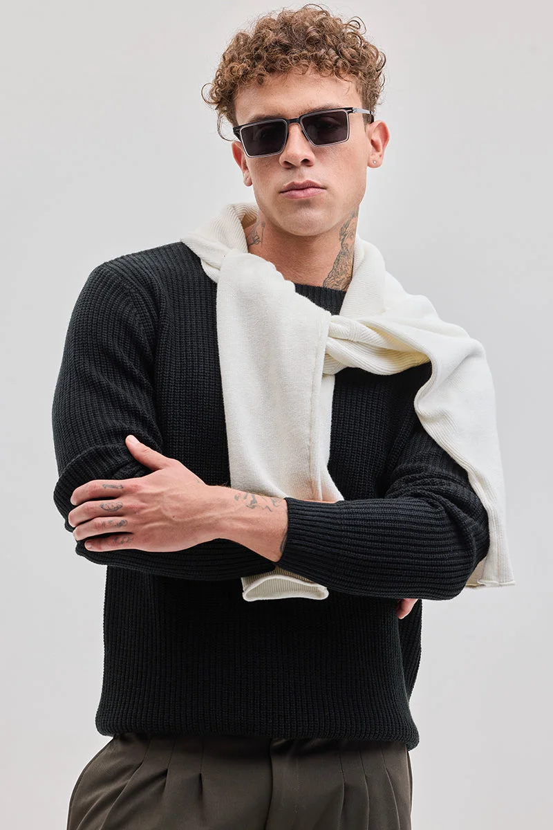 سنيتش Black Textured Long Sleeve Regular Fit Casual Sweater