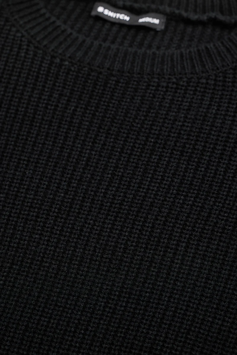 سنيتش Black Textured Long Sleeve Regular Fit Casual Sweater