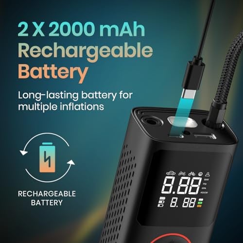 Portronics Vayu, 2-in-1 Tyre Inflator, Rechargeable & Corded Power, Preset Inflation Modes, Digital Display, Flashlight Torch with SOS, Auto Shut-Off, Multi-Purpose Use (Black) - Image 3