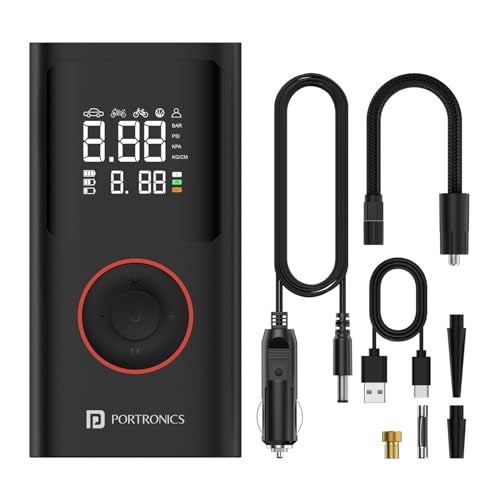 Portronics Vayu, 2-in-1 Tyre Inflator, Rechargeable & Corded Power, Preset Inflation Modes, Digital Display, Flashlight Torch with SOS, Auto Shut-Off, Multi-Purpose Use (Black) - Image 1
