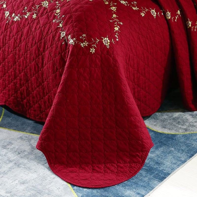 vctops 3-Piece Floral Embroidered Bedspread Coverlet Set Oversized Queen 100% Cotton Reversible Patchwork 1 Quilt and 2 Pillow Shams (Red,Oversize Queen) - Image 5