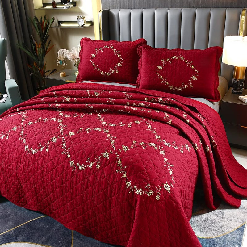 vctops 3-Piece Floral Embroidered Bedspread Coverlet Set Oversized Queen 100% Cotton Reversible Patchwork 1 Quilt and 2 Pillow Shams (Red,Oversize Queen) - Image 3
