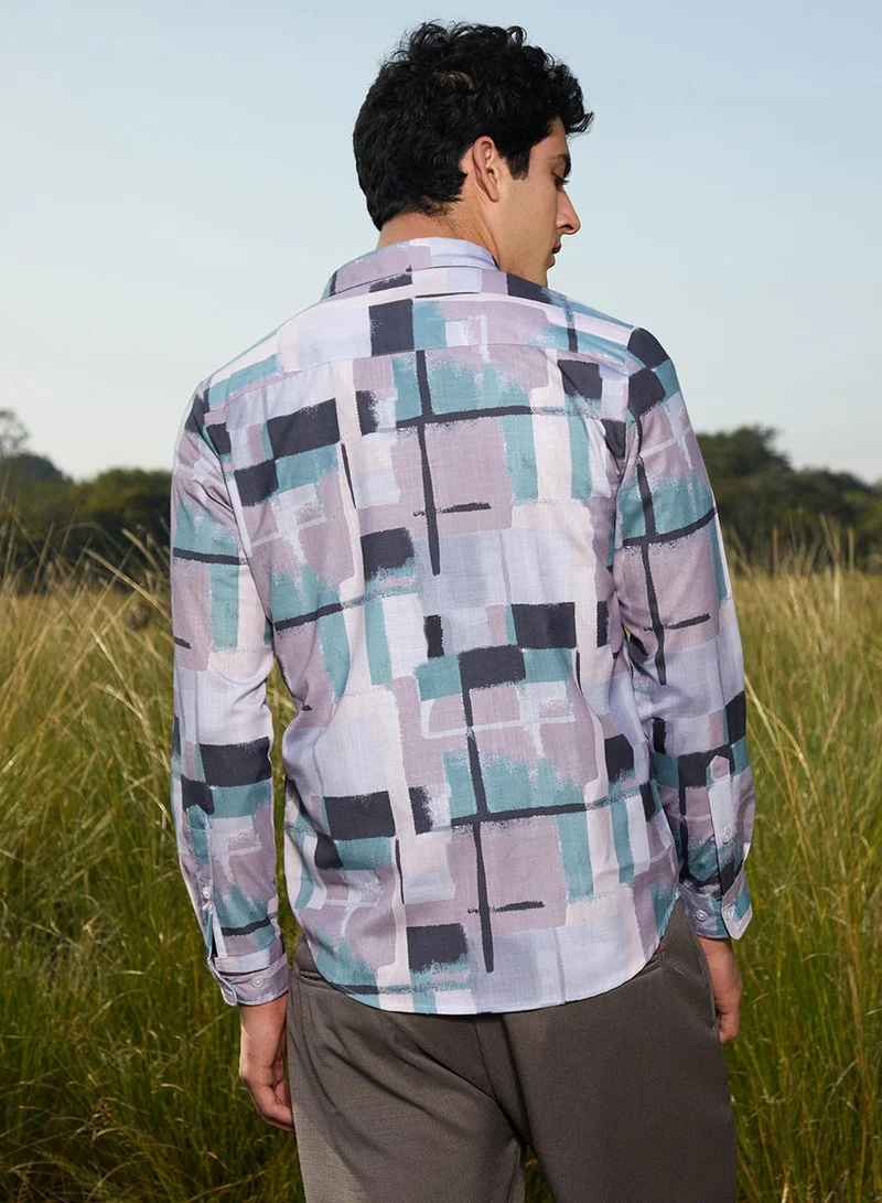 Campus Sutra Campus Sutra Men's Coin Grey & Prussian Blue Cubic-Overlap Shirt For Casual Wear | Spread Collar | Long Cuffed Sleeves | Button Closure | Shirt Crafted With Comfort Fit For Everyday Wear