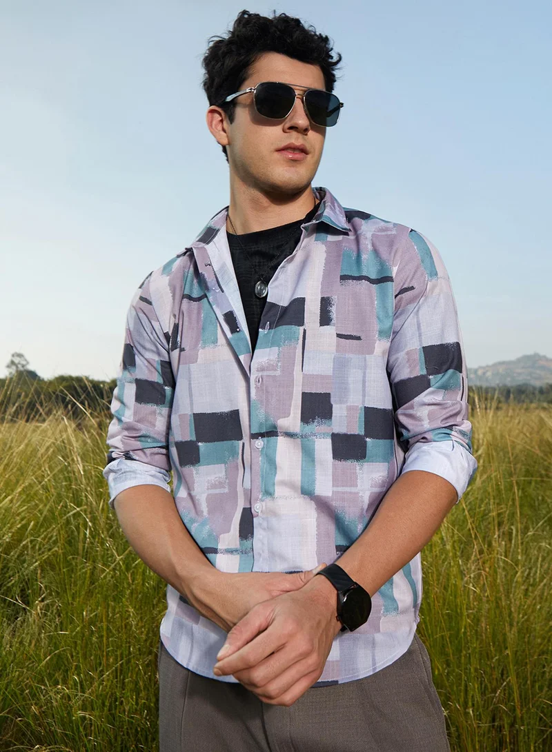 Campus Sutra Campus Sutra Men's Coin Grey & Prussian Blue Cubic-Overlap Shirt For Casual Wear | Spread Collar | Long Cuffed Sleeves | Button Closure | Shirt Crafted With Comfort Fit For Everyday Wear