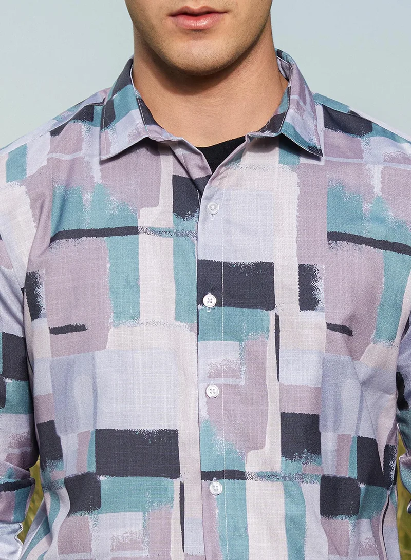 Campus Sutra Campus Sutra Men's Coin Grey & Prussian Blue Cubic-Overlap Shirt For Casual Wear | Spread Collar | Long Cuffed Sleeves | Button Closure | Shirt Crafted With Comfort Fit For Everyday Wear