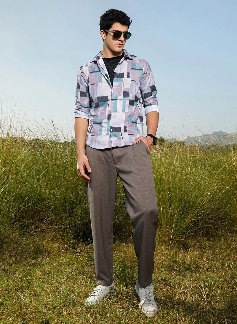 Campus Sutra Campus Sutra Men's Coin Grey & Prussian Blue Cubic-Overlap Shirt For Casual Wear | Spread Collar | Long Cuffed Sleeves | Button Closure | Shirt Crafted With Comfort Fit For Everyday Wear