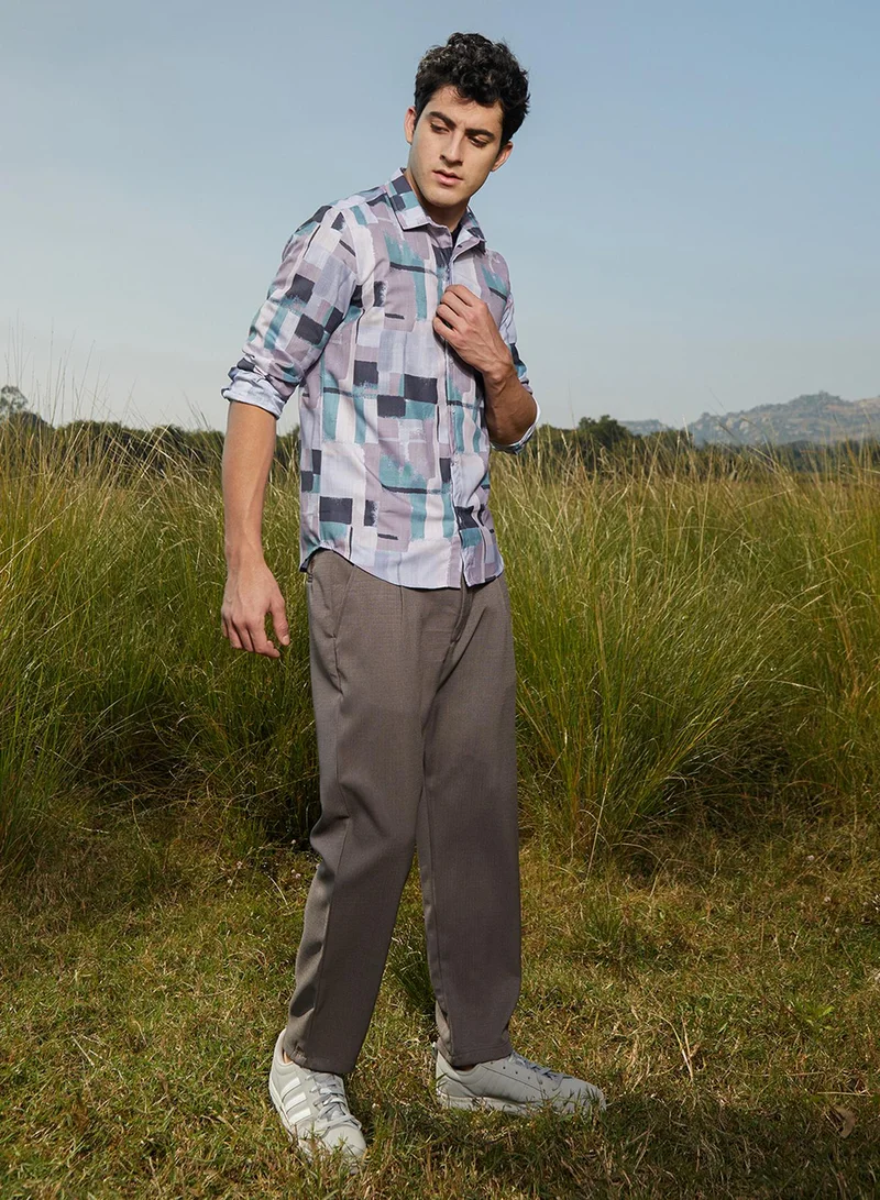 Campus Sutra Campus Sutra Men's Coin Grey & Prussian Blue Cubic-Overlap Shirt For Casual Wear | Spread Collar | Long Cuffed Sleeves | Button Closure | Shirt Crafted With Comfort Fit For Everyday Wear