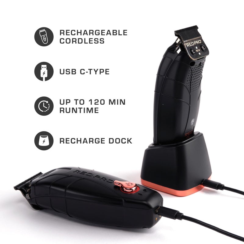 RED Pro Professional Cordless Hair Finishing Trimmer for Men, Electric Rechargeable Wireless Beard Detailer for Barbers and Stylists, Diamond Like Carbon Coated T-Blade with Zero Gapped (Matte Black) - Image 5