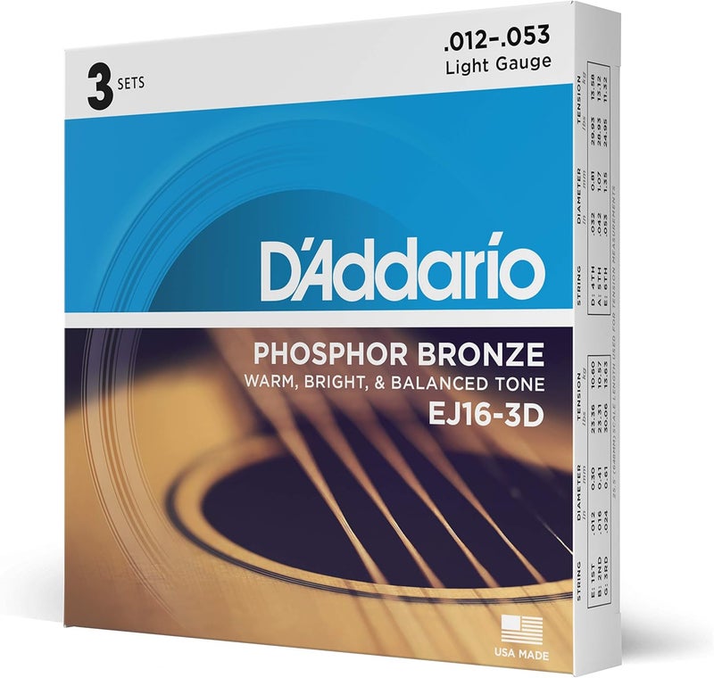 D'Addario EJ16-3D Phosphor Bronze Acoustic Guitar Strings - Light Gauge 12-53, 3-Pack - Image 1