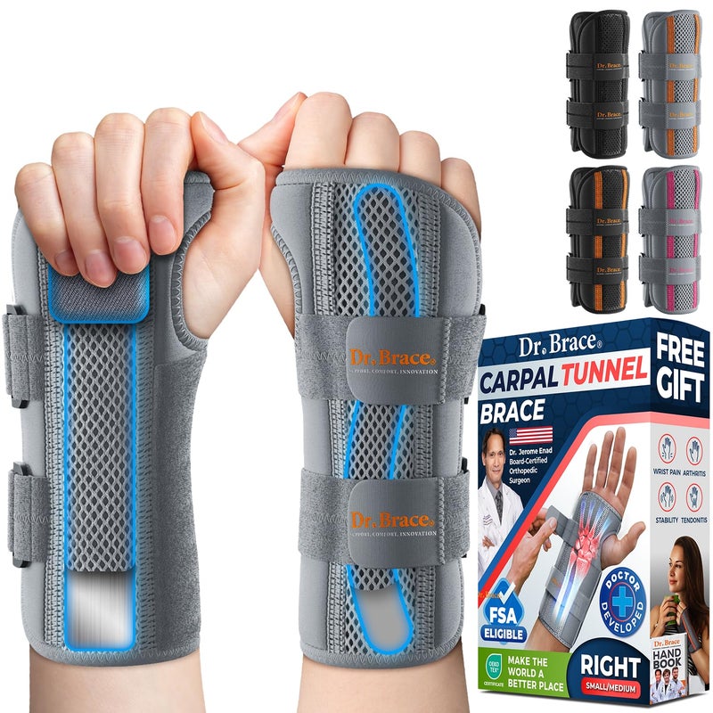 DR. BRACE Adjustable Wrist Brace Night Support for Carpal Tunnel, Doctor Developed, Upgraded with Double Splint & Therapeutic Cushion,Hand Brace for Pain Relief,Injuries,Sprains (S/M Right Hand, Grey) - Image 1