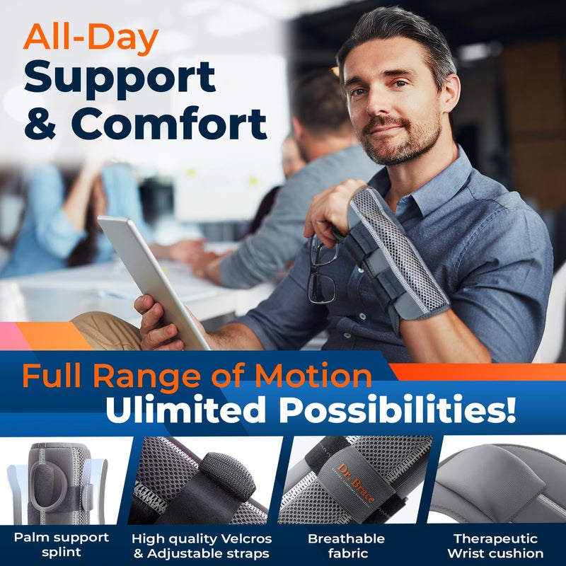 DR. BRACE Adjustable Wrist Brace Night Support for Carpal Tunnel, Doctor Developed, Upgraded with Double Splint & Therapeutic Cushion,Hand Brace for Pain Relief,Injuries,Sprains (S/M Right Hand, Grey) - Image 4