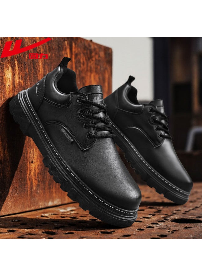 Warrior Men's Autumn New Casual Leather Shoes Thick Sole Wear-resistant Non-slip Waterproof Work Boots Black 39