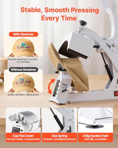 VEVOR Hat Heat Press Machine, 8.5 x 4 in Large Heating Plate, with Caps Stretcher, Precise Temperature & Time Control, Heat Press for Hats and Caps, for HTV Iron On and Sublimation Projects, White - Image 5