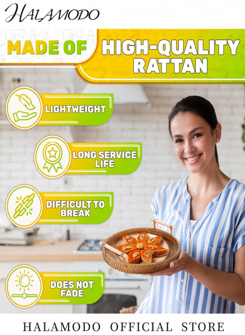 هالامودو صينية تقديم دائرية من الروطان مكونة من 3 قطع مع مقابض وسلة تقديم منسوجة وصينية مزخرفة لطاولة القهوة والخبز والفواكه والخضروات والاستخدام في المطاعم والمنزل - Image 2