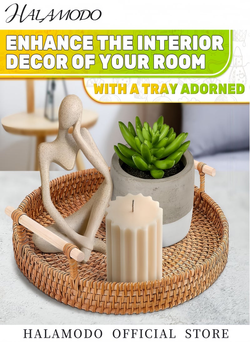 هالامودو صينية تقديم دائرية من الروطان مكونة من 3 قطع مع مقابض وسلة تقديم منسوجة وصينية مزخرفة لطاولة القهوة والخبز والفواكه والخضروات والاستخدام في المطاعم والمنزل - Image 3