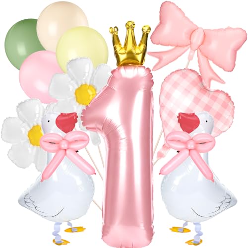 LaRandom 12 Pcs Silly Goose 1st Birthday Party Decoration Fun Goose Balloon with Pink Bow for Sweet One Birthday Party Supplies First Balloons for Girl Farm Animal Photo Backdrop Decorations - Image 1