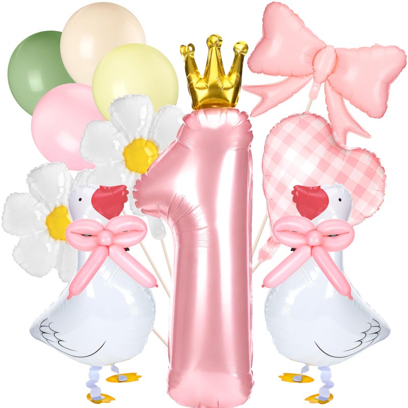 LaRandom 12 Pcs Silly Goose 1st Birthday Party Decoration Fun Goose Balloon with Pink Bow for Sweet One Birthday Party Supplies First Balloons for Girl Farm Animal Photo Backdrop Decorations - Image 3