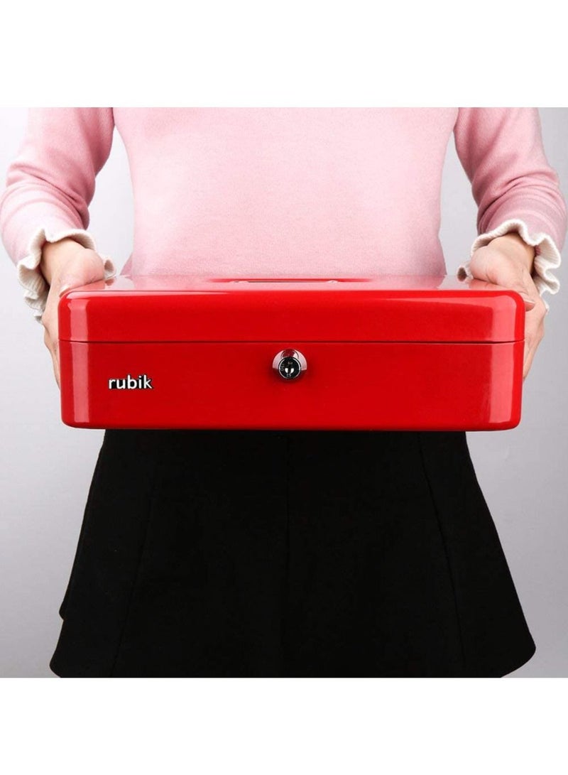 Rubik صندوق نقود كبير من الفولاذ مع صينية وقفل، صندوق نقود محمول متين وآمن للفواتير والمجوهرات والإيصالات والعملات المعدنية (25 × 20 × 9 سم) أحمر - Image 2