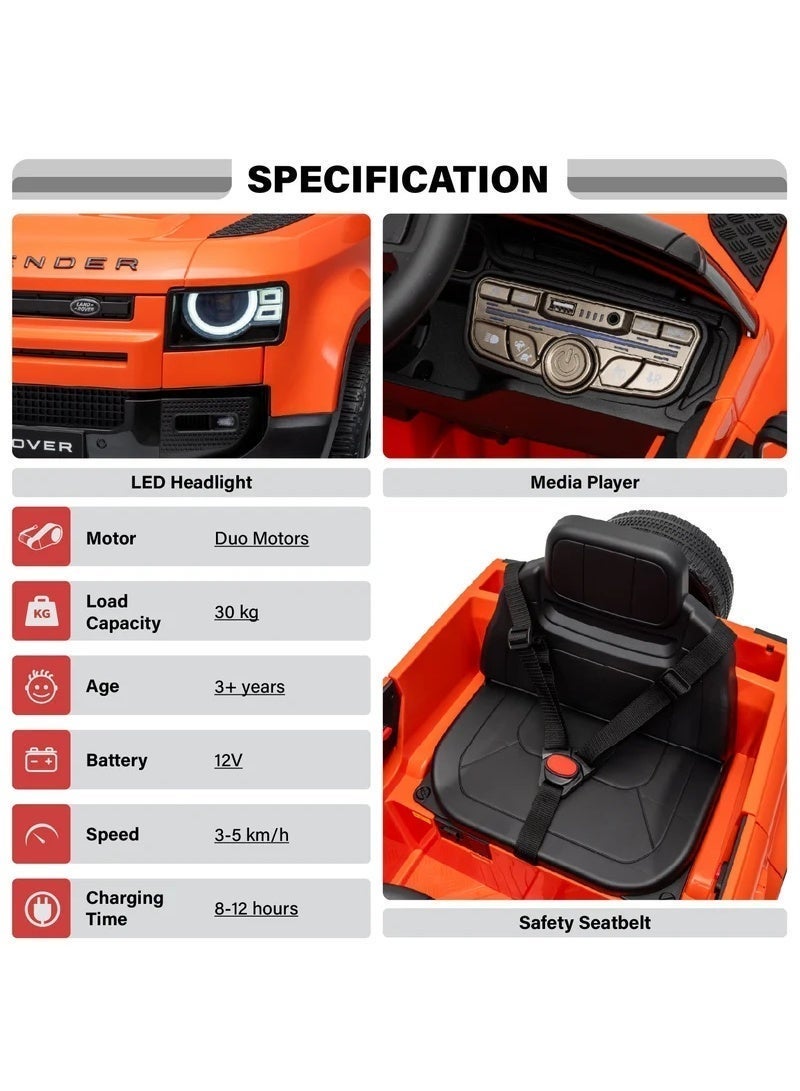 LAND ROVER Defender 12V Electric Ride-On Car | Kids Car with 2.4G Remote Control, LED Lights, Music & Slow Start | 4-Wheel Suspension | Orange - Image 4