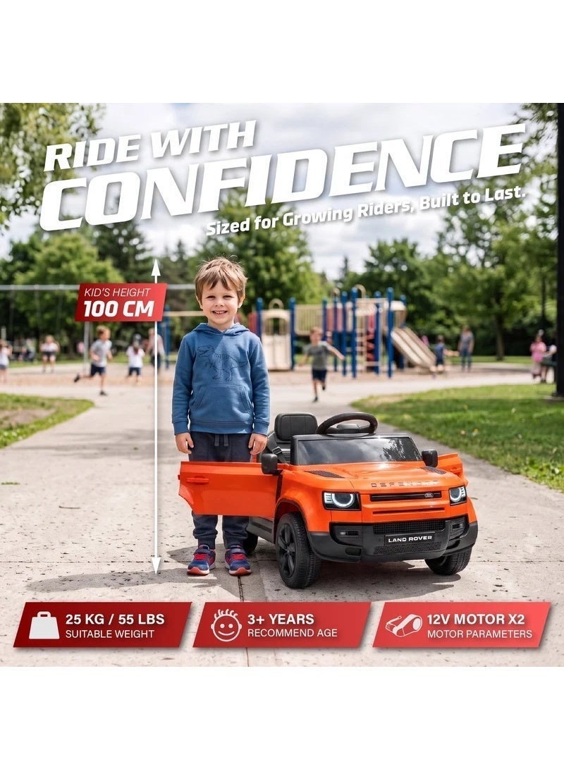 LAND ROVER Defender 12V Electric Ride-On Car | Kids Car with 2.4G Remote Control, LED Lights, Music & Slow Start | 4-Wheel Suspension | Orange - Image 3