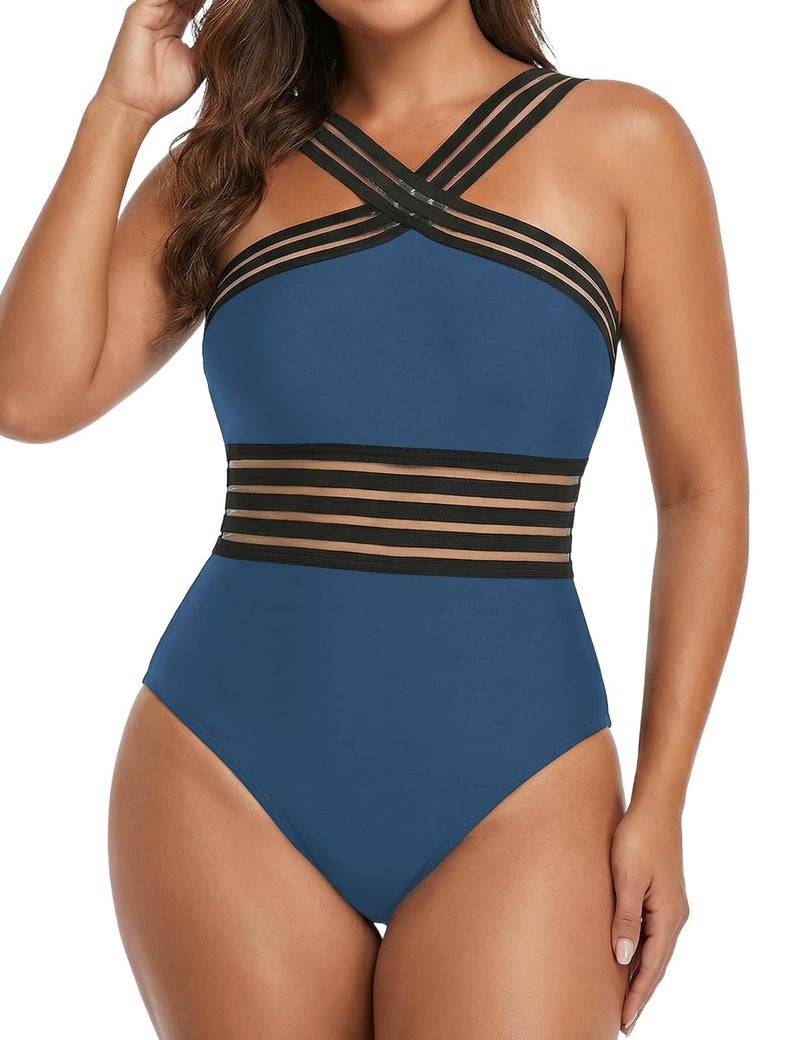 Hilor Modest Swimsuit for Curvy Women Flattering One Piece Bathing Suits Vintage Swimwear Aquamarine Blue XL/US14 - Image 4