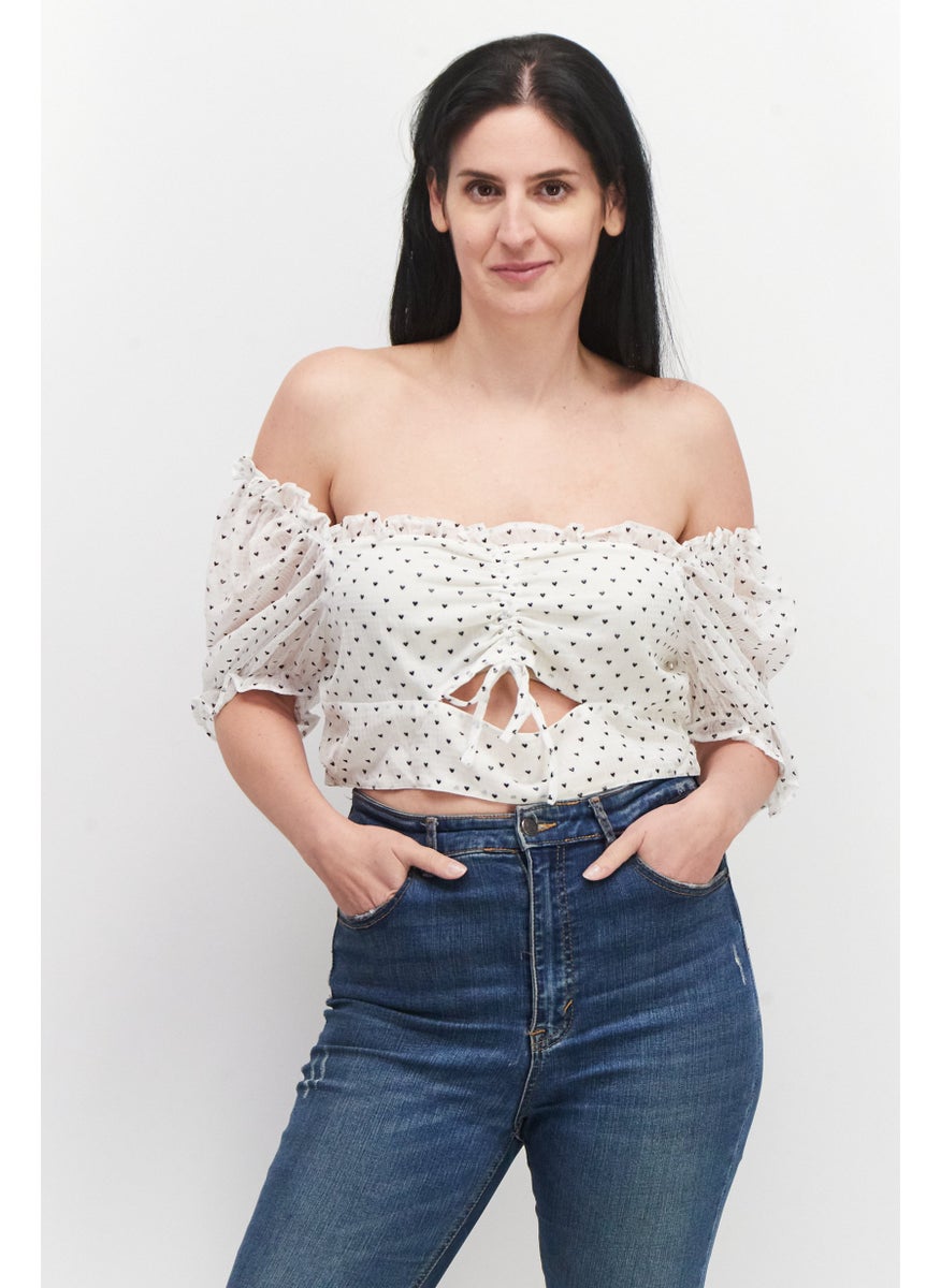 Collective The Label Women Off Shoulder Balloon Sleeves Printed Crop Top, White  - Image 1