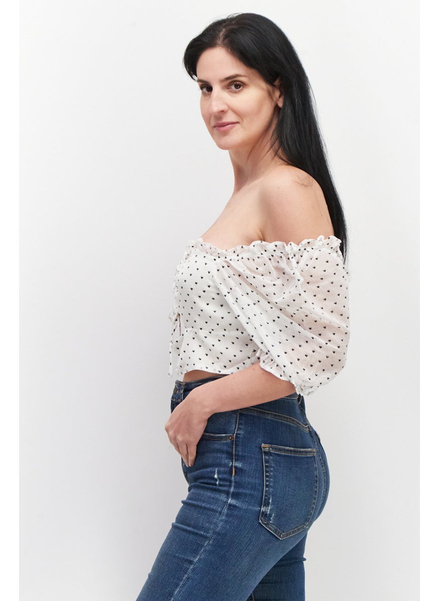 Collective The Label Women Off Shoulder Balloon Sleeves Printed Crop Top, White  - Image 3