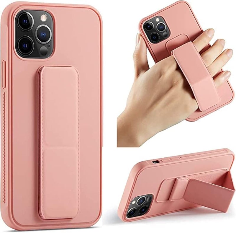 S-TOP Iphone 14 Pro Mobile Case With Magnetic Stand And Holder Hand Strap Grip Premium Silicone Magnetic Car Mount Cover Foldable Kickstand Case Finger Grip Cover Pink
