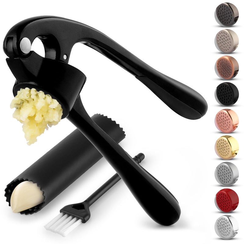 Zulay Kitchen Premium Garlic Press Set - Rust Proof Professional Garlic Mincer Tool - Easy-Squeeze, Easy-Clean with Soft, Ergonomic Handle - Silicone Garlic Peeler & Brush (Black) - Image 1