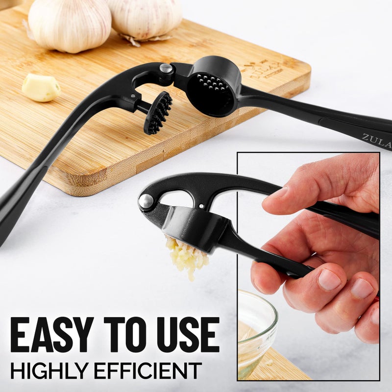 Zulay Kitchen Premium Garlic Press Set - Rust Proof Professional Garlic Mincer Tool - Easy-Squeeze, Easy-Clean with Soft, Ergonomic Handle - Silicone Garlic Peeler & Brush (Black) - Image 5