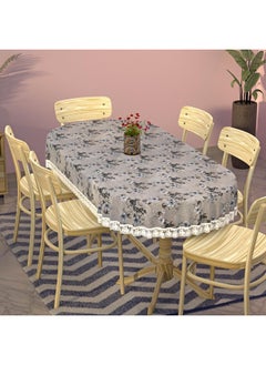 Kuber Industries Kuber Industries Flower Printed PVC 6 Seater Oval Shape Table Cover, Protector with White Lace Border, 60"x90" (Grey)  - Image 1