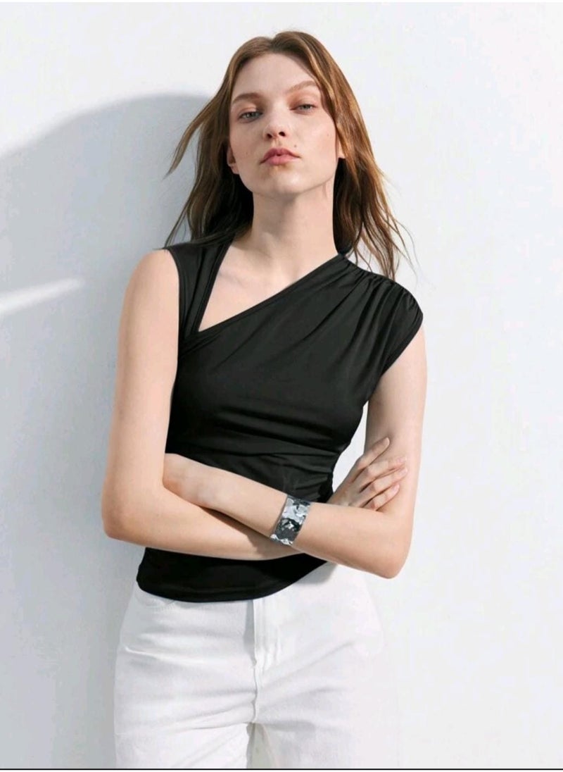 Shein - Maija Women's Solid Color Asymmetric Collar Ruched Tank Top With Shoulder Cutouts - Image 1